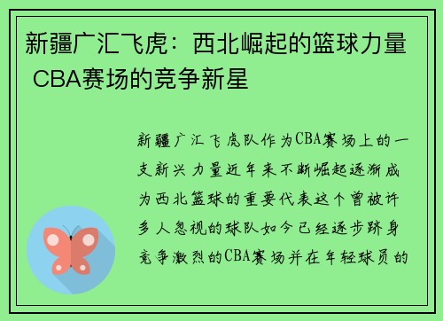新疆广汇飞虎：西北崛起的篮球力量 CBA赛场的竞争新星